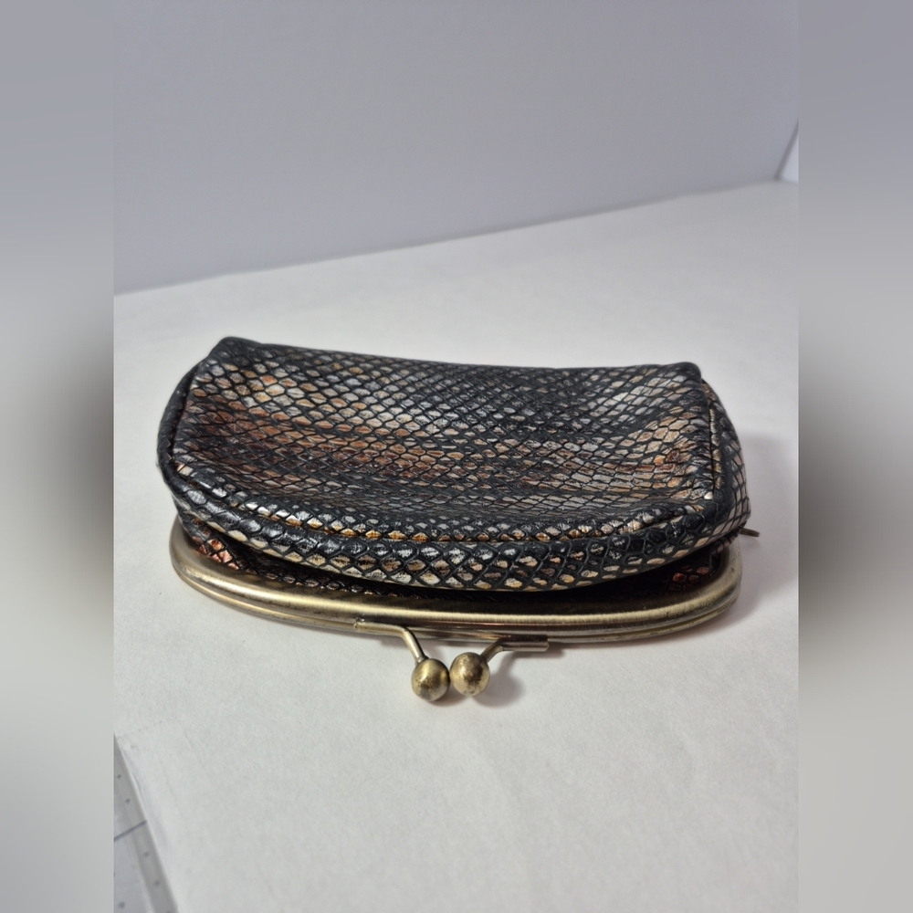 Patricia Nash Snake Pattern Leather Kiss-Lock Wristlet Makeup Pouch Bag SEE